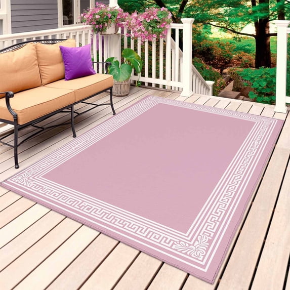 Pink Greek Key Outdoor Rug for Patio/Deck/Porch, Non-Slip Large Area Rug 6 x 9 Ft, Geometric Greece Ancient Farmhouse Geo Indoor Outdoor Rugs Washable Area Rugs, Reversible Camping Rug Carpet Runner