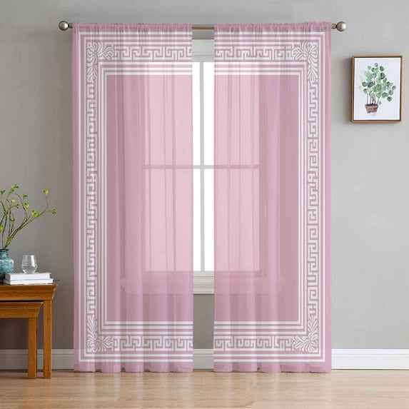 Pink Greek Key Sheer Curtains 84 Inches Long 2 Panels Set, Window Sheer Curtains for Living Room/Bedroom, Geometric Greece Ancient Farmhouse Geo Light Filtering Rod Pocket Curtain 52'' x 84'' x 2