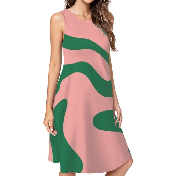 Pink Green Abstract Wavy Pattern Casual Sleeveless Loose Sundress Dress For Women Summer Dress Daily Woman