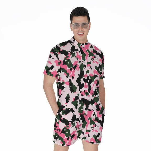 Pink Green And Black Camouflage Short Sleeve Men'S Rompers Casual Summer Jumpsuits Outfit