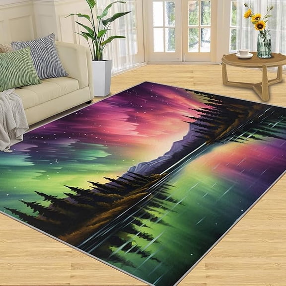 Pink Green Aurora Borealis Area Rug, Fantasy Mountain Rugs for Bedroom Meditation Space Rugs for Living Room, Indoor Non-Slip Rug, Washable Carpet for Front Entrance Floor Decor 5 x 8ft