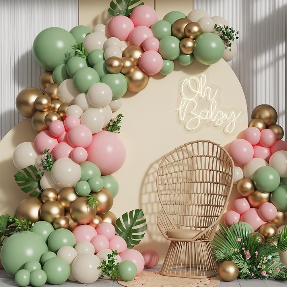 KINNO Pink and Green Balloon Arch Garland Kit,137pcs Sage Green and Pastel Pink White Sand Gold Balloons for Boho Girls Woodland Baby Shower Wedding Jungle Safari Birthday Party Decorations