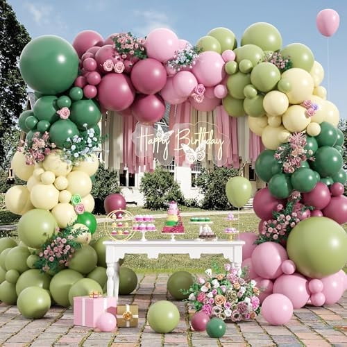 Pink and Green Balloon Arch Kit,122Pcs Sage Green Dusty Rose Red Macaron Pink Yellow Matte Balloons for Flower Birthday Bridal Wedding Engagement Anniversary Party Decorations