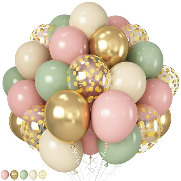 Pink and Green Balloons, 12 Inch Sage Green Dusty Pink Metallic Gold Balloons Set, Olive Green Pink Sand White Gold Confetti Balloons for Jungle Birthday Baby Shower Wedding Party Decorations