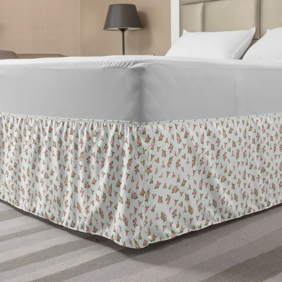 Pink and Green Bed Skirt, Watercolor Flowers Coming of the Spring Hand Drawn Blossoms, Elastic Bedskirt Dust Ruffle Wrap Around for Bedding Decor, 4 Sizes, Pale Pink and Pale Green, by Ambesonne