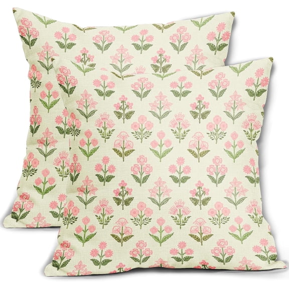 Pink Green Block Print Pillow Covers 18x18 Inch Set of 2 Vintage Floral Decorative Pillow Cases Boho Outdoor Linen Square Cushion Cover Rustic Farmhouse Decor for Bedroom Home Sofa Couch Bed