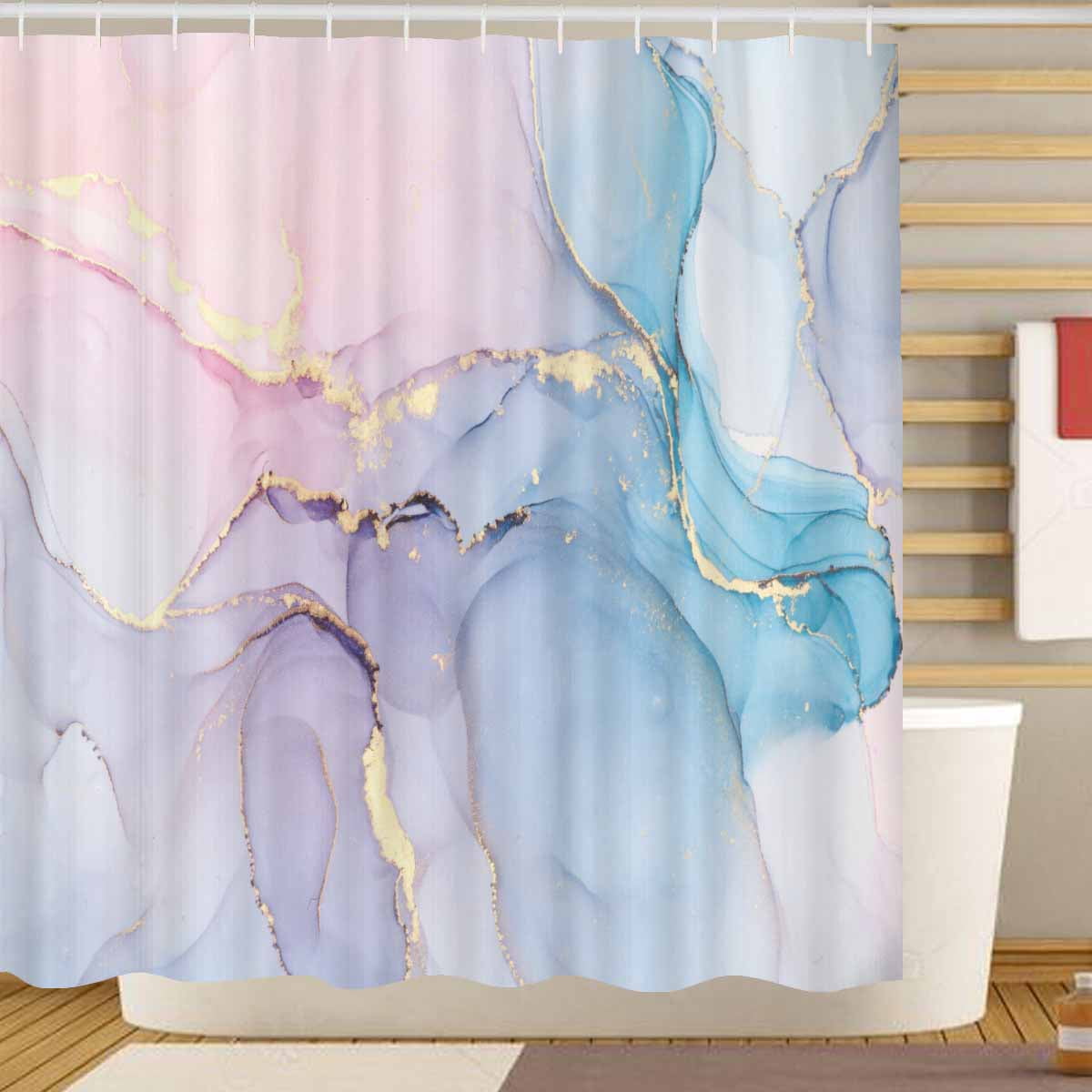 Pink Green Blue Marble Shower Curtain, Abstract Gold Fabric Shower