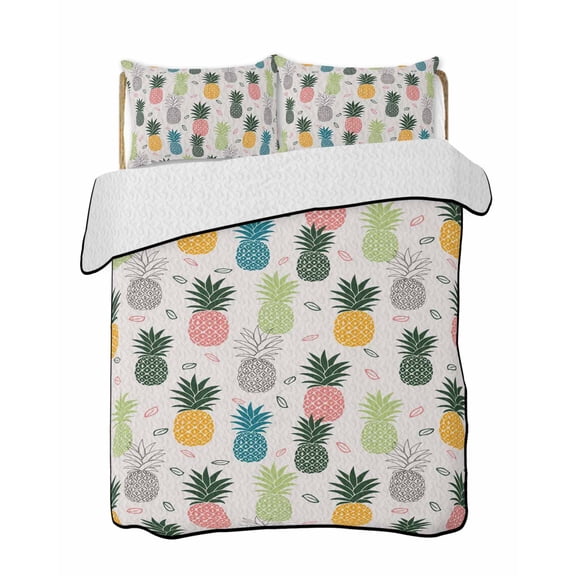 Pink Green Blue Pineapple Quilts Bedding Set California King Colorful Tropical Fruit Leaf Lightweight Quilted Bedspread 3 Piece Bed Quilt with 2 Pillow Shams All Season for Bedroom 96" x 106"
