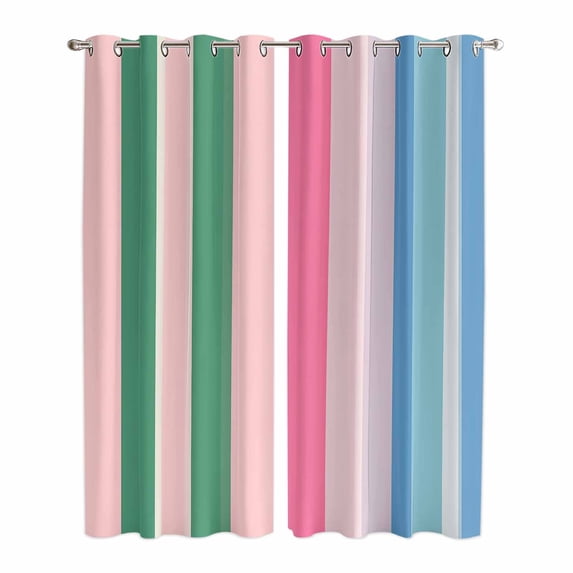 Pink Green Blue Stripe Kitchen Curtains 84 Inch Length, Farmhouse Stripes Contemporary Grommet Top Bedroom Living Room Curtains, Light Filtering Cafe Curtain Drapes 2 Panels Set 84''x84''