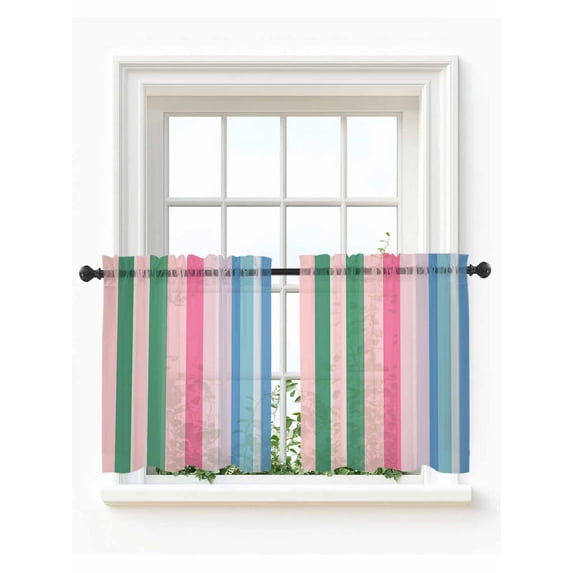 Pink Green Blue Stripe Tier Curtains 36 Inch Length,Sheer Curtains for Bedroom Living Room Window Farmhouse Stripes Contemporary Small Half Window Kitchen Curtains & Drapes 27.5"x36" 2 Panels