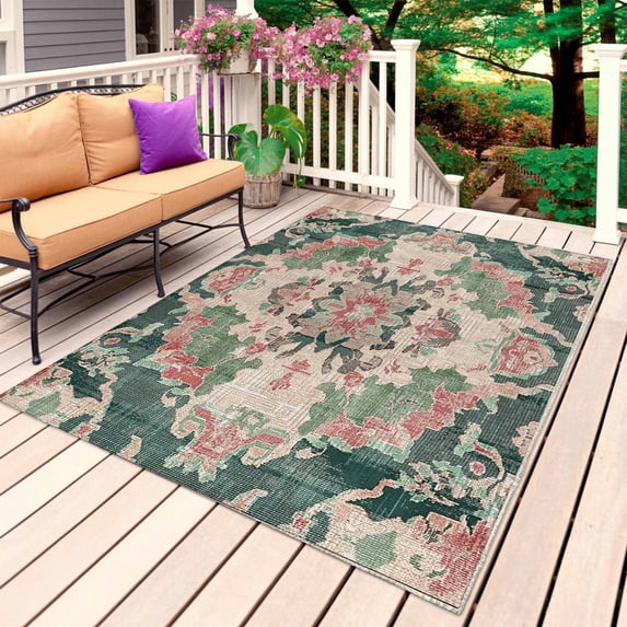 Pink Green Boho Outdoor Rug 4x6 Ft, Non Slip Washable Area Rug, Abstract Medieval Vintage Ethnic Floral Patio Rugs Carpet Runner, Large Floor Mat for Indoor/Outdoor Deck Porch Camping