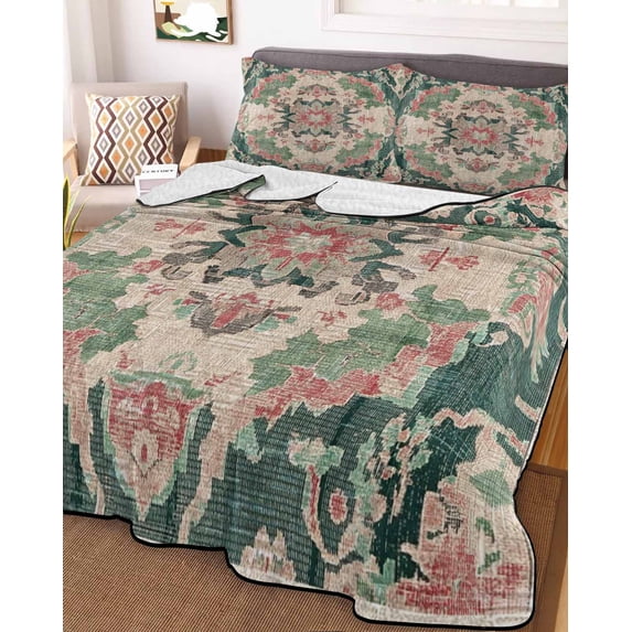 Pink Green Boho Twin XL Size Down Alternative Comforter,Lightweight Comforter Quilt Bedding Set with Pillow Shams Abstract Medieval Vintage Ethnic Floral Bed Comforter Duvet Insert 68"x98"