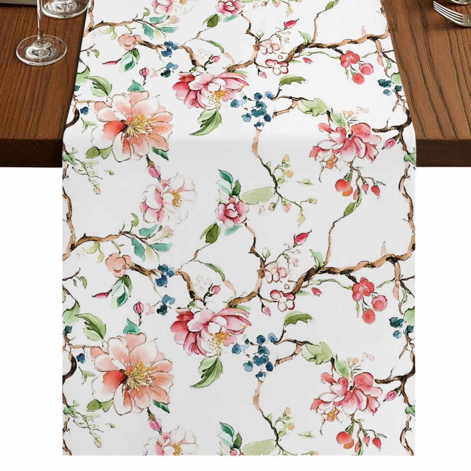 Pink Green Botanical 90 Inch Table Runner, Summer Watercolor Branch Flower Farmhouse Dresser Scarf Cotton & Linen Tablerunner for Dining/Kitchen Island/Holiday Party Décor 13" x 90"