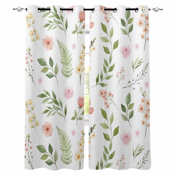 Pink Green Botanical Blackout Curtains for Bedroom Living Room Darkening Curtains 54 Inch Long Spring Watercolor Floral Leaf Plant Short Curtain for Small Window Treatment Grommet Drapes 42"x54"x2