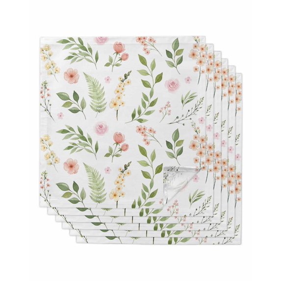 Pink Green Botanical Cloth Napkins Set of 6 Reusable Dinner Napkins, Spring Watercolor Floral Leaf Plant Cocktail Napkin Washable Table Napkins for Wedding/Holiday Party/Baby Shower 20"x20"