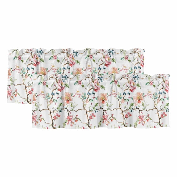 Pink Green Botanical Curtain Valances for Windows, Kitchen Valance Window Treatments Panel 2 Pack, Summer Watercolor Branch Flower Rod Pocket Short Curtains for Bathroom Bedroom 42 x 18 Inch