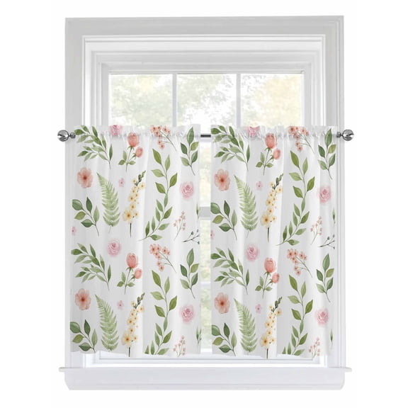 Pink Green Botanical Kitchen Curtains 54 Inch Length, Spring Watercolor Floral Leaf Plant Rod Pocket Light Filtering Window Curtains Living Room Bedroom Curtain Drapes Cafe Curtain 52''x54''x2