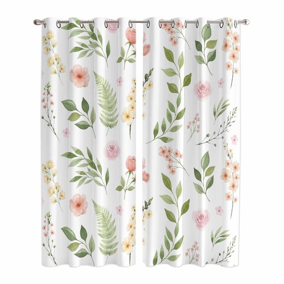 Pink Green Botanical Kitchen Curtains 84 Inch Length, Spring Watercolor Floral Leaf Plant Grommet Top Bedroom Living Room Curtains, Light Filtering Cafe Curtain Drapes 2 Panels Set 84''x84''