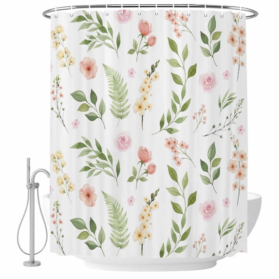 Pink Green Botanical Shower Curtain Set - Small 36" x 72" Washable Bathtub Curtain with 12 Hooks, Spring Watercolor Floral Leaf Plant Waterproof Fabric Stall Shower Curtains for Bathroom Décor