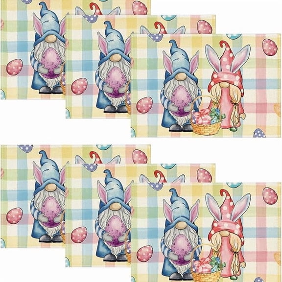 Pink Green Buffalo Plaid Bunny Gnomes Eggs Easter Placemats Set of 4, 12x18 Inch Seasonal Table Mats for Party Kitchen Dining Decoration