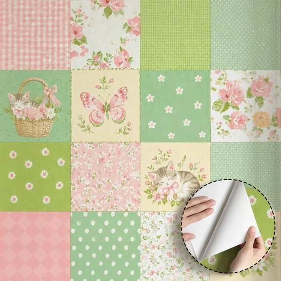Pink Green Cat Floral Butterfly Wallpaper Cute Farmhouse Rustic Aesthetic Peel and Stick Wallpaper Contact Paper Waterproof Wall Decor for Bedroom Living Room Dorm Room Drawer Shelf 17.7*78.7in