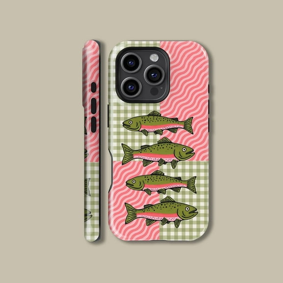 Pink Green Checkered Fish Case for iPhone Samsung Preppy Art