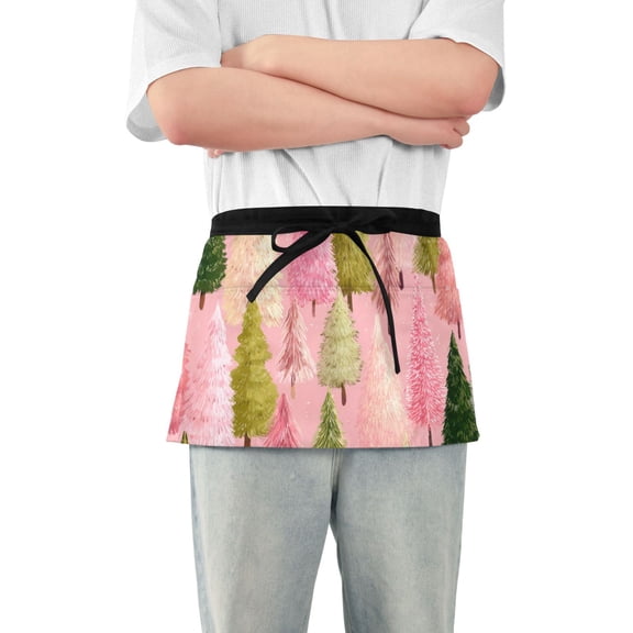 Pink Green Christmas Tree Short Server Apron with 3 Pockets for Unisex Chef Gardening