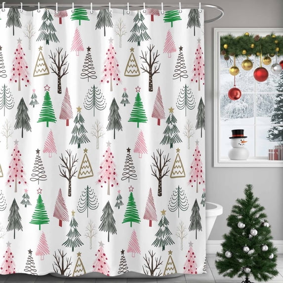 Pink Green Christmas Tree Shower Curtains for Bathroom, Waterproof Fabric Bath Curtains Decor, Bath Tub Curtain Winter Xmas Pine Trees Holiday Decorative Shower Curtain Sets with 12 Hooks, 72x72 Inch