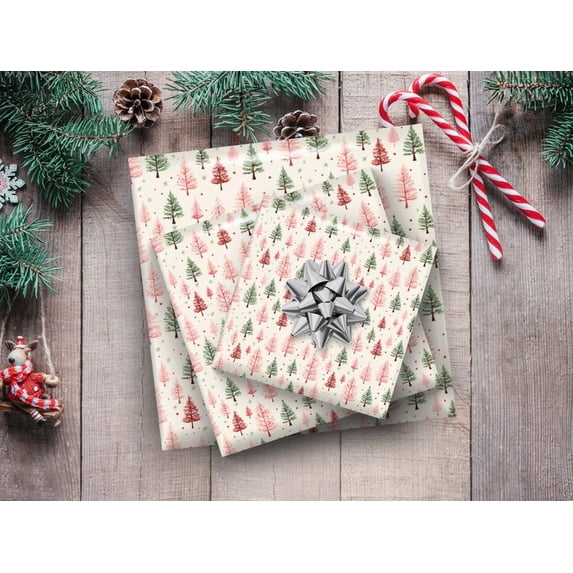 Pink & Green Christmas Wrapping Paper Pastel Xmas Tree Print Festive Gift Wrapping Paper Roll Christmas Classic Holiday Gift Wrap Paper Vintage Christmas Gift