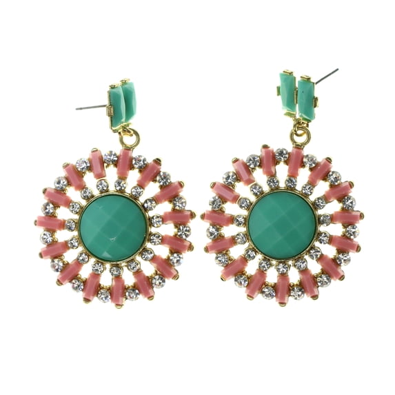 Pink & Green Colored Metal Drop-Dangle-Earrings With Crystal Accents #LQE2068