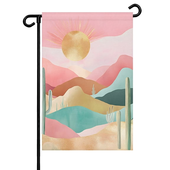 Pink Green Desert Garden Flag 12x18 Inch Abstract Cactus Mountain Sun Double Sided Small Decorative Garden Flags for Outside, Outdoor Yard Porch Lawn Decoration