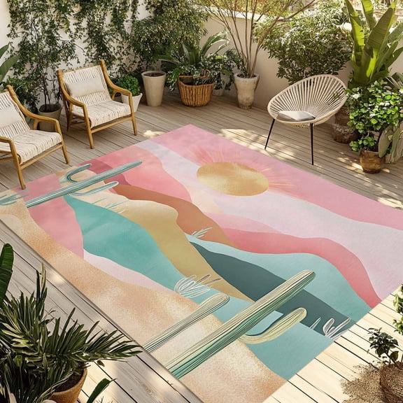 Pink Green Desert Outdoor Rug, Abstract Cactus Mountain Sun Non-Slip Area Rugs Carpet Breathable Large Floor Mat for Outdoors Patio Porch Deck Beach 3’ x 5’