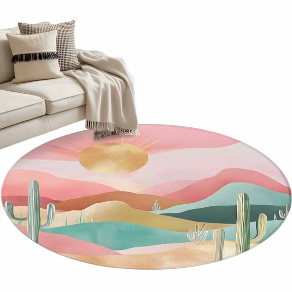 Pink Green Desert Round Area Rug 3ft Abstract Cactus Mountain Sun Non-Slip Washable Circle Rugs Soft Felt Indoor Floor Mat for Bedroom Kitchen Living Room Bathroom