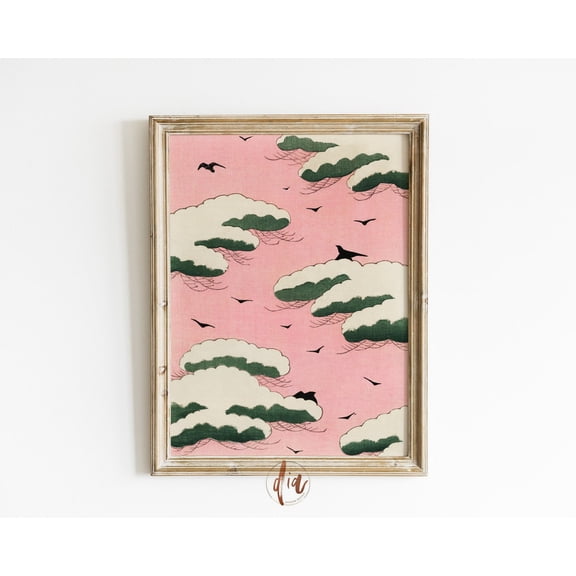 Pink Green Eclectic Sky Cloud Japanese Illustration Porch Decoration, Unframed Paper Poster 8x10in