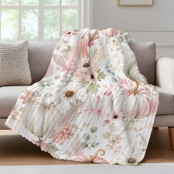 Pink Green Fall Fleece Throw Blanket for Couch, Pumpkins Thanksgiving Botanical Autumn Microfiber Flannel Blanket for All Season, Lightweight Soft Throw Blankets for Baby, Kids, Pets, 30"x40"