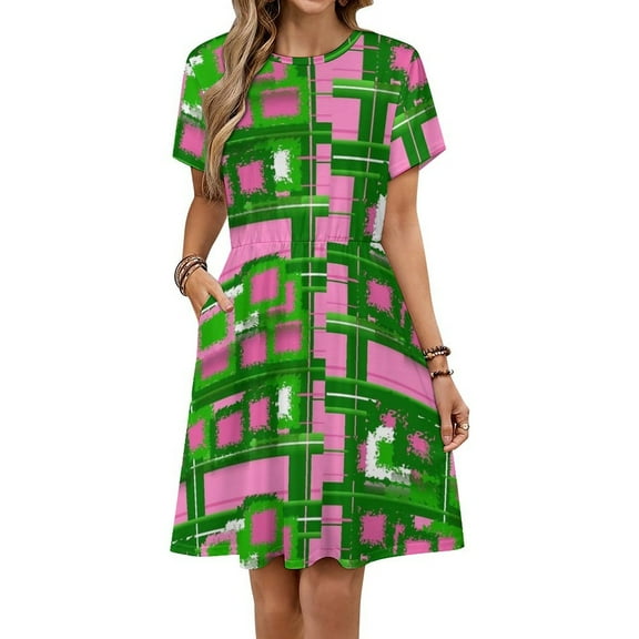 Pink & Green Fashions & Products! Dress Fashion Beach Short Sleeve Dresses Female Party Printed Sundress