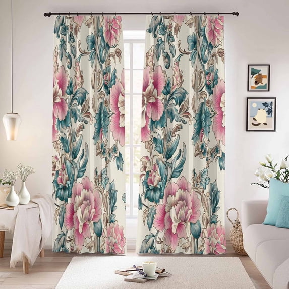 Pink Green Floral Blackout Curtains for Bedroom/Living Room, Pinch Pleated Black Out Curtains, Botanical Vintage Watercolor Flower Room Darkening Window Drapes with Hooks 2 Panels, 59"x70"