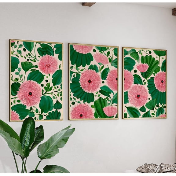 Pink Green Floral Botanical Flower Triptych Art Set 3 Stretched Canvas 8x12