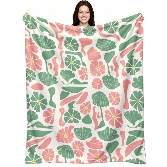 Pink Green Floral Botanical, Soft Flannel Fleece, Delicate Cottage ...