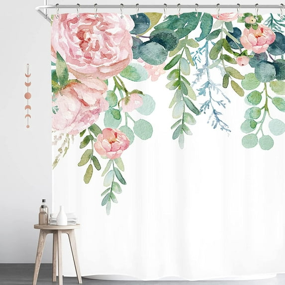 Pink Green Floral Eucalyptus Shower Curtain 72Wx72H Inch Flowers Leaves Watercolor Cute Botanical Spring Natural Bouquet Plant Garden Aesthetic Waterproof Polyester Fabric Bathroom Bathtub