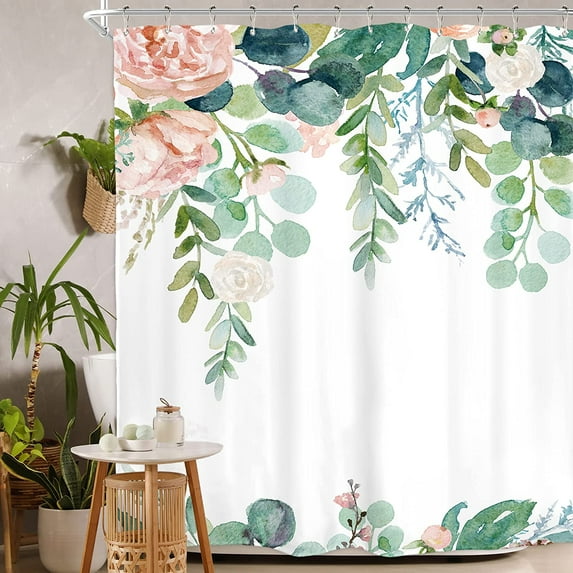 Pink Green Floral Eucalyptus Shower Curtain 72Wx72L Inch Flowers Leaves Watercolor Cute Botanical Spring Natural Bouquet Plant Garden Aesthetic Waterproof Polyester Fabric Bathroom Bathtub