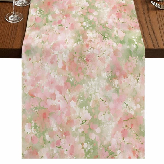 Pink Green Flower 48 Inch Table Runner, Watercolor Summer Botanical Farmhouse Dresser Scarf Cotton & Linen Tablerunner for Dining/Kitchen Island/Holiday Party Décor 13" x 48"