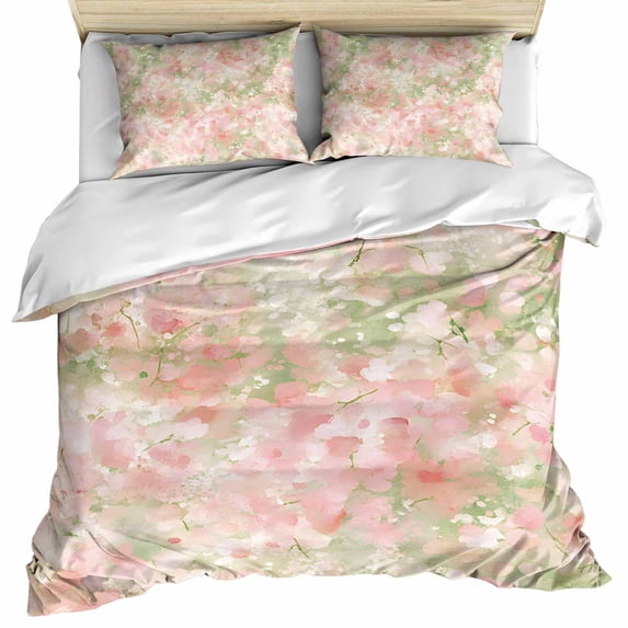 Pink Green Flower Bedding 3 Piece Duvet Cover Set Queen Size, Watercolor Summer Botanical Soft Microfiber Comforter Cover with Zipper Closure & Pillowcases, Wrinkle & FadeResistant Quilt Cover