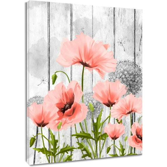 Pink and Green Flower Canvas Wall Art Dandelion and Floral Plant on Rustic Wood Pictures Wall Decor Spring Country Wildflower Wall Art for Bathroom Living Room Bedroom Decor,24L X 16W inches