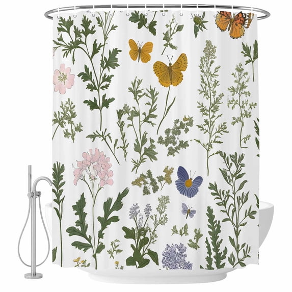 Pink Green Flower Fabric Shower Curtain Plant Butterfly Washable Shower Curtains for Bathroom, Waterproof Bath Curtain with Hooks Home Decor 72x84in