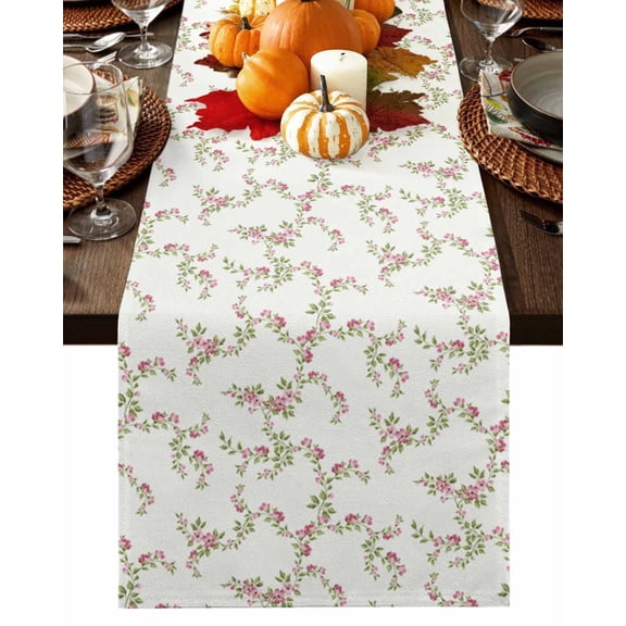 Pink Green Flower Floral Table Runner-Cotton Linen- 48 Inch Holiday Dresser Scarves, Country French Romantic Botanical Tablerunner for Kitchen Coffee/Dining Living Room Dinner Scarf Décor 13x48
