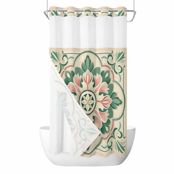 Pink Green Flower No Hook Shower Curtain Waterproof, Bathroom Curtains with Snap in Liners and See Through Top Window, Elegant Spring Floral Abstract Art Hotel Style Bathtub Curtains Shower 36"Wx78"L