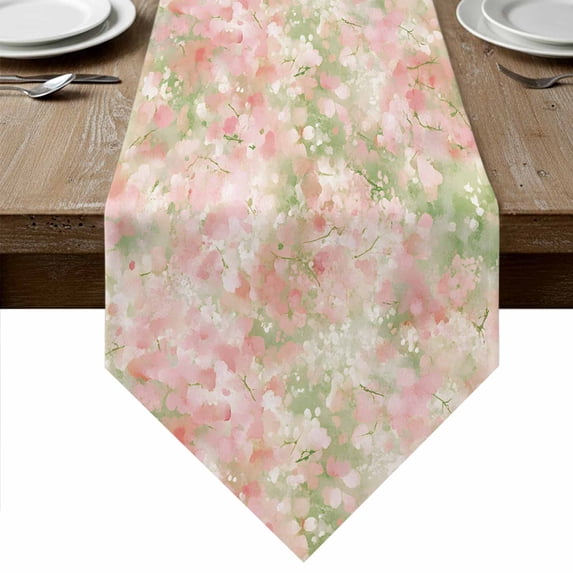 Pink Green Flower Table Runner Linen Burlap Table Runner 70 Inches Long Watercolor Summer Botanical Dresser Scarves for Kitchen Island Coffee Dining Room Party Wedding Banquet Holiday Decor 13"x70"