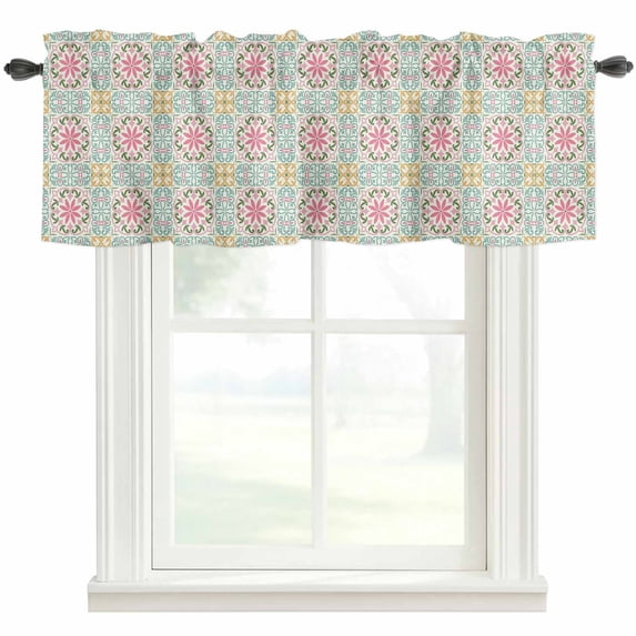 Pink Green Flowers Farmhouse Short Window Curtain Valances, Country Botanical Abstract Floral Patterned Rod Pocket Kitchen Valances for Living Room Bedroom Bathroom Cafe 60" x 18"