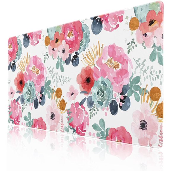Pink Green Flowers Gaming Mouse Pad XXL Cute Watercolor Floral Pretty Extended Desk Pad Trendy Pastel Large Mousepad Non-Slip Rubber Base Stitched Edge Long Table Mat for Desktop, 35.4 x 15.7 inch
